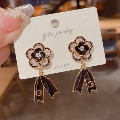 Sophisticated Black Enamel Flower Drop Earrings