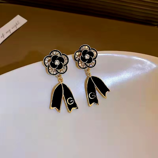 Sophisticated Black Enamel Flower Drop Earrings