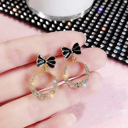 Black Bow and Crystal Hoop Earrings