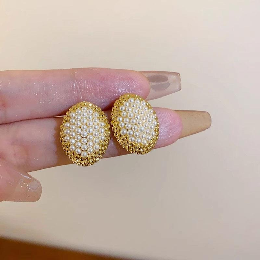 Golden Oval Pearl Stud Earrings