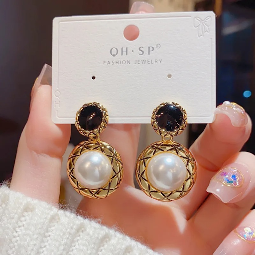 Golden and Black with Pearl  Drop Earrings