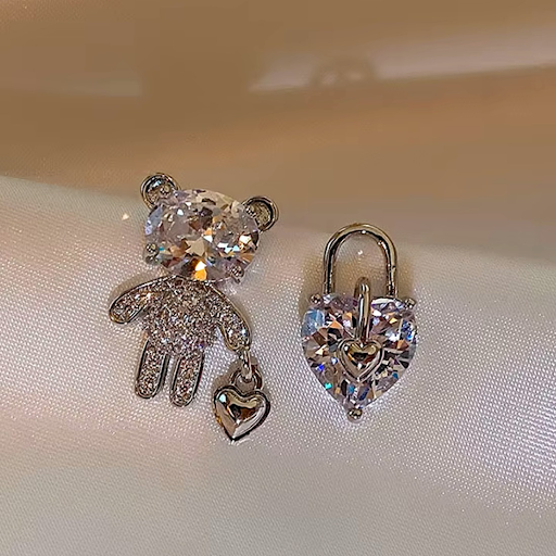 Heart Lock and Bear Zircon Earrings