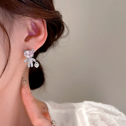 Heart Lock and Bear Zircon Earrings