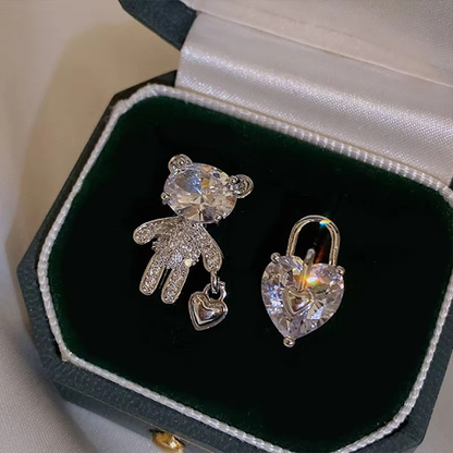 Heart Lock and Bear Zircon Earrings