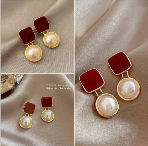 Maroon Pearl Drop Earrings