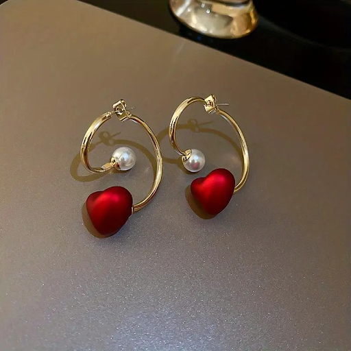 Pearl & Red Heart Earrings