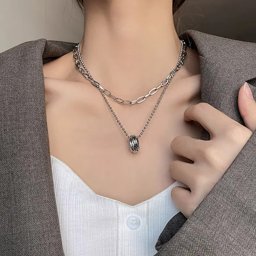 Elegant Silver Double Layer Chain Necklace